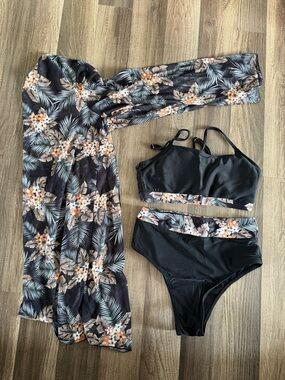 High-Waist Bikini Set with Sheer Cover-Up